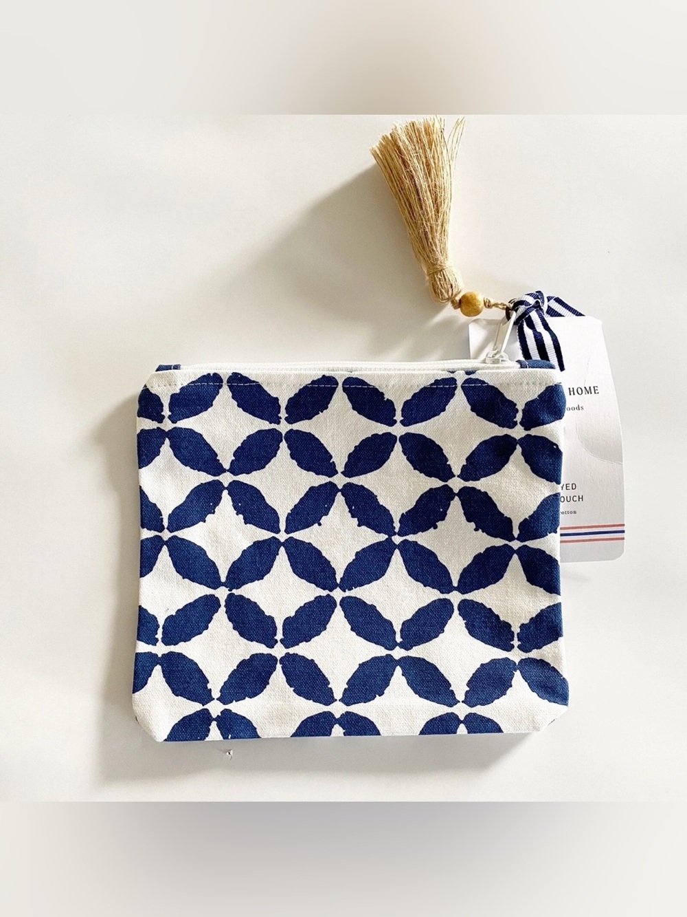 Half United Home Hand Dyed Cotton Zipper Pouch Blue White Tassel NEW NWT